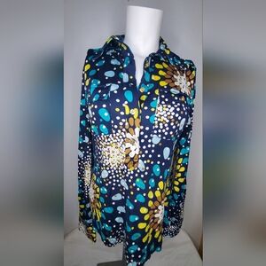 Tory Burch- Size S -Blue and Yellow Fitted Long Sleeve Blouse- Vintage 100%silk
